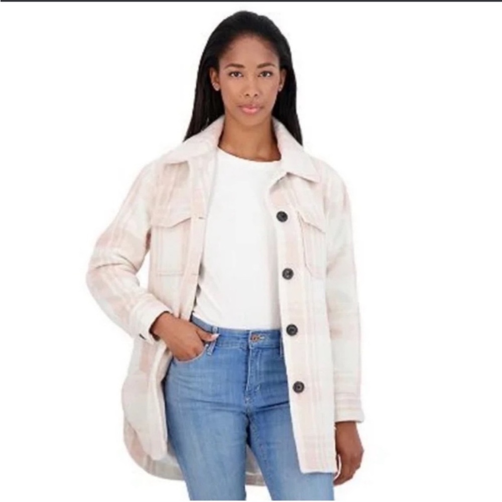 Sebby Women's Plaid Utility Jacket in Cream and Pink